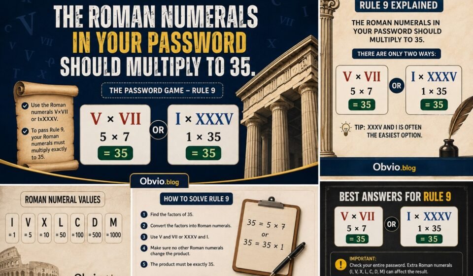 the roman numerals in your password should multiply to 35.