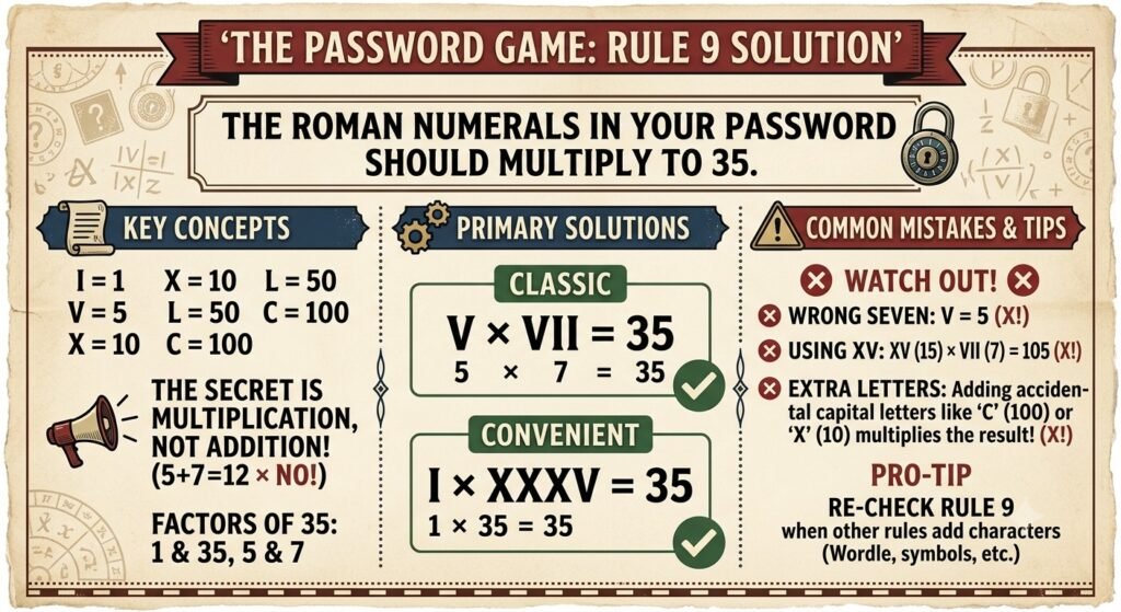 the roman numerals in your password should multiply to 35
