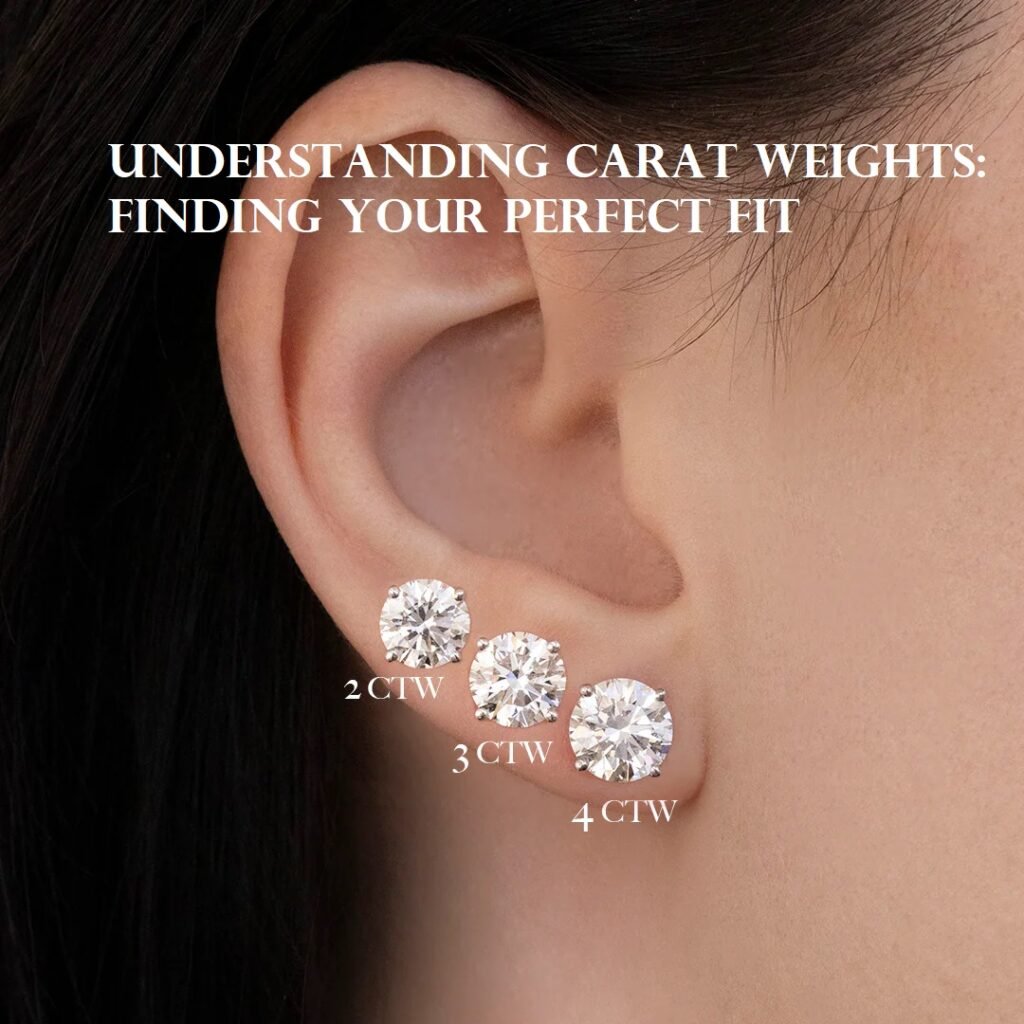 Carat weight visual guide comparing 1 CTW and 2 CTW lab-grown diamond studs on an ear.